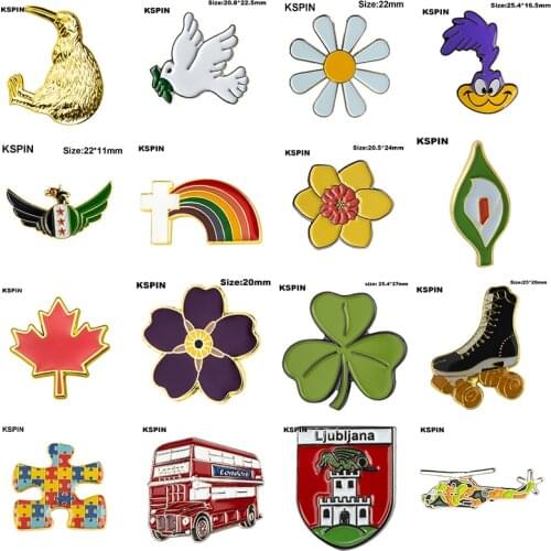 Metal Badge Dove White Daisy Daffodil Cross Rainbow Ireland Lily Maple Leafs London Bus Autism Clover Badges Green Leaf