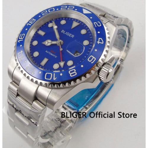 BLIGER 40mm Big Blue Face Mens Watch Sapphire Glass Ceramic Turning Bezel Luminous GMT Function Automatic Movement Wristwatch