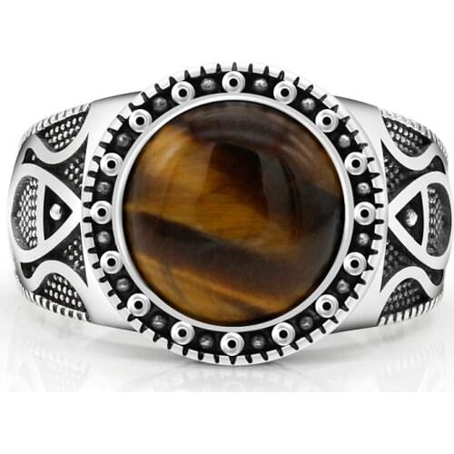 Real Pure 925 Sterling Silver Antique Turkish Rings For Men With Stone Tiger Eyes Onyx Colorful Punk Rock Jewelry
