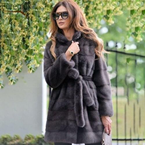 FUREALUX 2021 New Natural Real Mink Fur Coat Womens Winter Pure Handmade Thickened Mink Coat Medium Long Retro Clothing