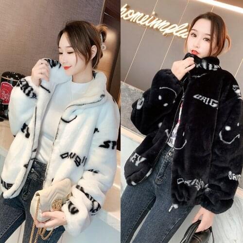 Autumn and winter new Korean imitation rabbit fur coat female retro letters loose fluffy lamb coat