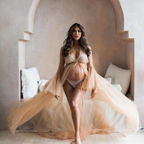 Champagne See Through Tulle Dress For Maternity Shoot Trupmet Long Sleeves Bridal Fluffy Tulle Maternity Robe Prom Gowns