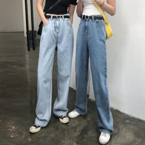 High Waist Straight Jeans Vintage Soid Color Wide Leg Student Casual Denim Pants Ladies Loose Pocket Jeans Women S-2XL