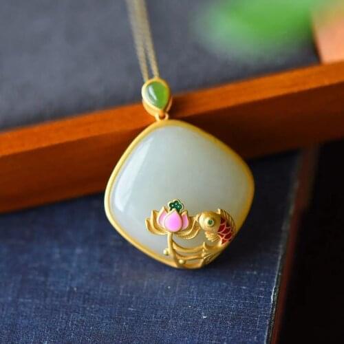 S925 Gold Plated Sterling Silver Pendant Hetian Jade White Jade Annual Fish Necklace Ancient Style Creative All-Match Pendant Pe