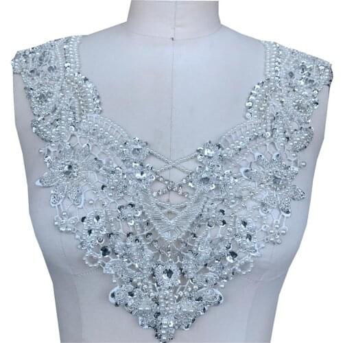 Handmade silver rhinestones ivory pearl lace applique trim patches for wedding dress neckline