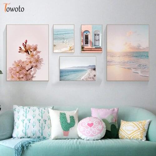 Nordic Landscape Canvas Painting for Living Room Poster Print Coastline Sea Wall Art Pink Flower Decoration Picture Home Decor