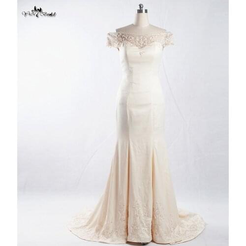 RSW908 Backless Sheath Wedding Dress Champagne Boat Neckline Off The Shoulder Wedding Gown Vestidos De Noiva Com Foto Real