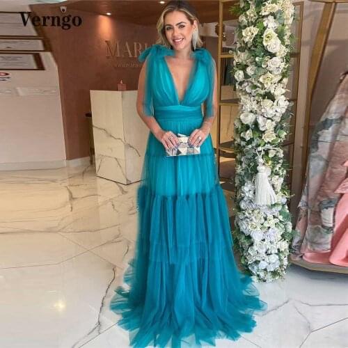 Verngo New Design 2021 Tulle Long Evening Dresses V Neck Bow Shoulder Tiered Ruffles Prom Gowns Women Special Occasion Dress