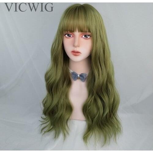 VICWIG Long Wavy Synthetic Hair Mixed Green Wig with Bangs for Women Heat-resistant Rose Net