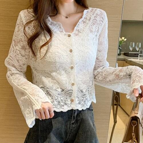 2021 Summer New Retro French Lace Shirt Hook Flower Hollow Sexy Button Up Pullover Long Sleeve Womens Shirt Female Tops 1062