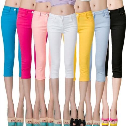 FSDKFAA Women Summer Plus Size Casual Pants Slim Candy Color Stretch Leggings Capris Pencil Pants Cropped Trouser For Female
