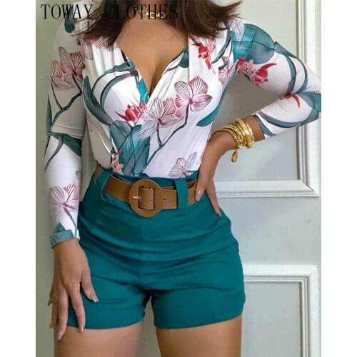 Women V-Neck Brief Casual Flower Printing Long Sleeve Pant Sets Top & Shorts Set
