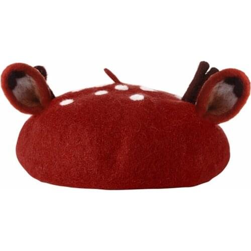 Women Girls Christmas Beret Cap Cute 3D Reindeer Antler Ears Faux Felt Painter Student Winter Warm Animal Mushroom Hat