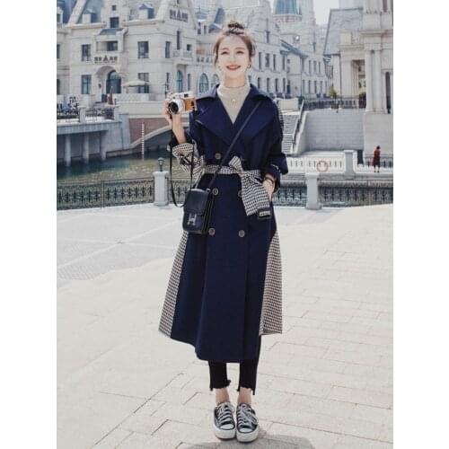 2020 New Woman Trench Coat Long Autumn Outwear British Style Coat Womens Fashion Patchwork Grid Coat Female Large size Outwear