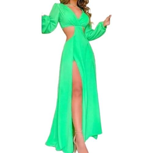 Deep V Neck 2021 Spring Summer Sexy Maxi Long Dress Hollow Out High Split Dresses Women Fashion Party Elegant Sunress