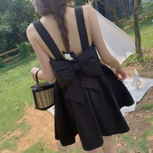 Summer Korean Sweet Tank Dress 2021 Women Black Bow Backless Party A-Line Mini Dress Japanese Sleeveless Black Lolita Goth Dress