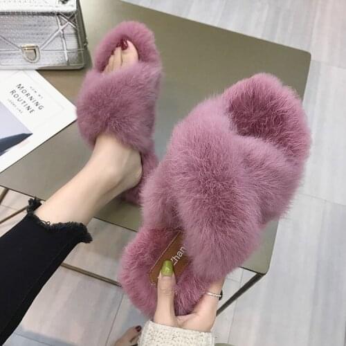2020 Womens Fur Slippers Winter Shoes Big Size Home Slipper Plush Pantufa Women Indoor Warm Fluffy Terlik Cotton Shoe