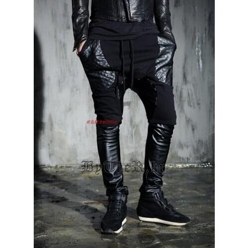 28-42 ! New Mens Brand Fashion Fake Two-piece Leather Culottes Trousers Plus Size Leather Pants Nightclub Stage Costumes