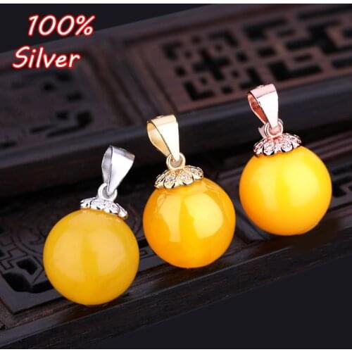 8MM-16MM 925 Sterling Silver color Plated Pendant Buckle Inlaid Beeswax Amber Ball Silver Card Button Necklace Buckle
