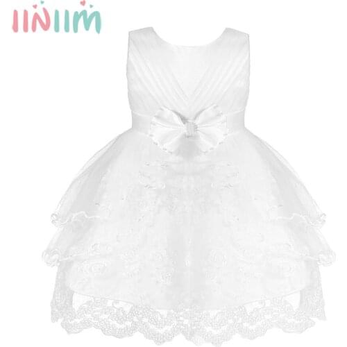 White Baby Girl Christening Princess Dresses Embroidery Flower Girl Dress Bowknot Lace Dress for Baby Shower Party and Wedding