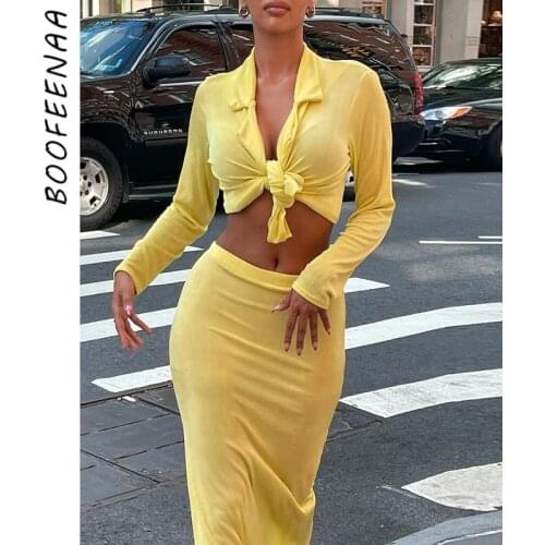 BOOFEENAA Sexy Two Piece Set Solid Long Sleeve Knotted Shirt Maxi Skirts Womens 2021 Autumn Elegant Bodycon Dress Sets C85-DG48