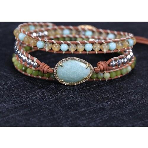 2021 Luxury amazonite Droplet shape charm Leather Wrap Bracelet&Bangle lovers gift Jewelry wholesale