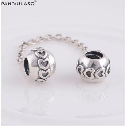 925 Sterling Silver Jewelry beads DIY Making Hearts On Safty Chain Bead Fit European Charm Bracelet & Necklace