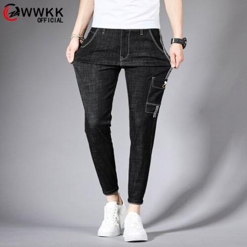 WWKK Pocket Jeans Men Slim Fit Black Stretch Fashion Streetwear Frayed Hip Hop Distressed Casual Denim Jeans Pants Male Trousers