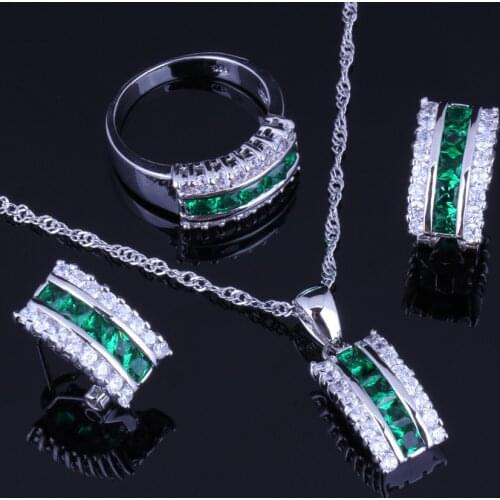 Gallant Green Cubic Zirconia White CZ Silver Plated Jewelry Sets Earrings Pendant Chain Ring V0004