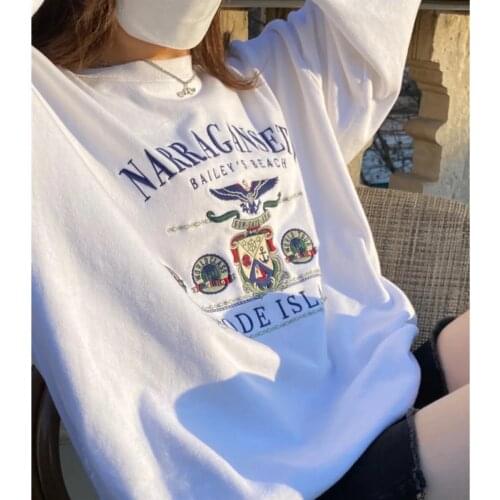 Eagle Embroidery Cotton Sweatshirts Women Autumn Winter Round Neck Long Sleeve Oversize Tops Vintage Women Fleece Sweatshirt