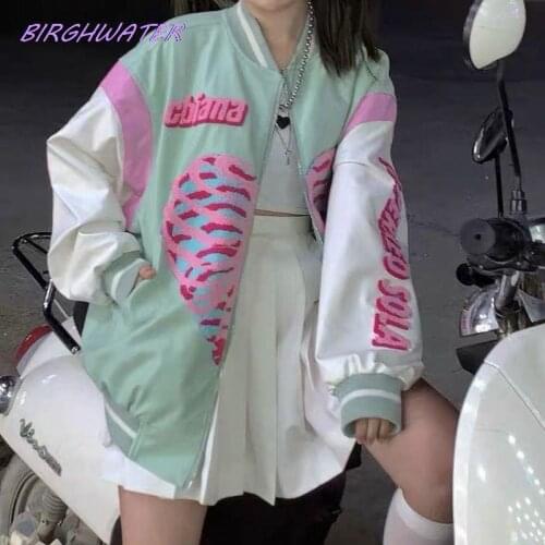 Womans Jackets Autumn Streetwear Harajuku Skull Baseball Coats Love Embroidery Stitch Hip-hop Couples Oversize Female Jackets