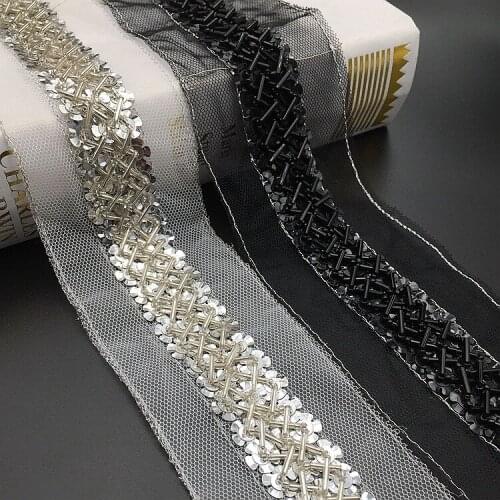 2Yards Bronze Beaded Sequin Lace Trim Mesh Embroidered Ribbons For Sewing Clothing Collar Headdress Accessories Lace Decoration