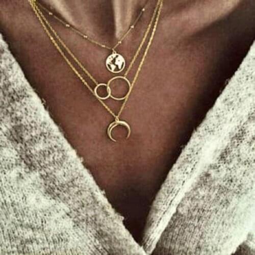 Layered Chain Necklace Neck Chains Moon Map Pendant Jewelry for Women Punk Choker Goth Jewelry Grunge Aesthetic Accessories