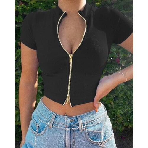 Hirigin 2021 Fashion Slim Fit Zipper T-shirt Women Female Bustier Corset High Neck Women Cropped Tops Tee Solid Shirts White