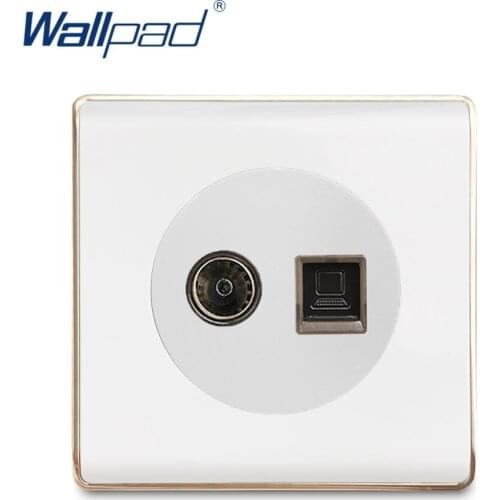 Wallpad TV Television DATA CAT6 RJ45 Wall Socket Electric Outlet White PC Panel With Gold Edge For Home