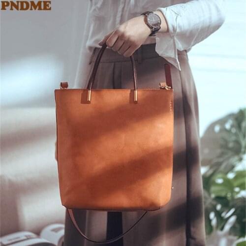 PNDME simple luxury natural genuine leather womens handbag weekend shopping tote bag fashion real cowhide party shoulder bag
