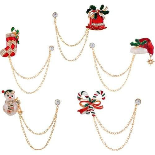 Lovely Christmas Xmas Brooch Snowman Stockings Claus Christmas Socks Hat Sock Rhinestone Chain Brooches For women New Year Gift