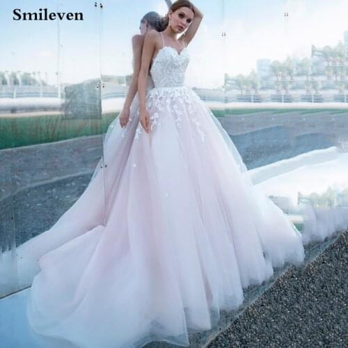 Smileven Pink A Line Lace Wedding Dress Spaghetti Straps Sweetheart Neck Birde Dresses Corset Back Wedding Gowns