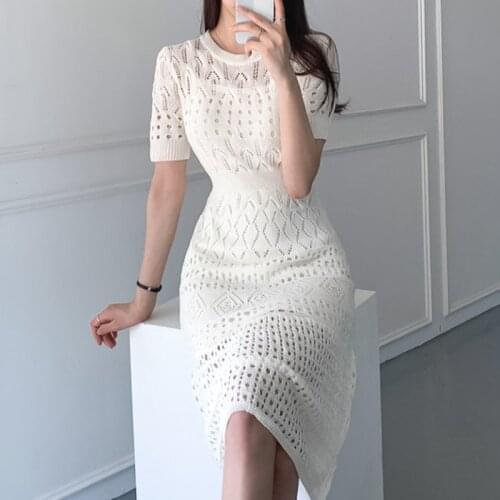 SHIJIA Korea Chic Elegant Dress Woman Slim Waist Hollow O-neck Apricot Knit Dresses Female 2021 Summer Casual Mid Vestidos