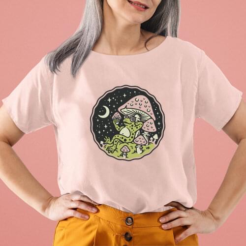 Frog Mushroom Moon Graphic Print Pure Cotton Women Tshirt Nature Shirt Unisex Funny Summer Casual Short Sleeve Top Eco Life Tee