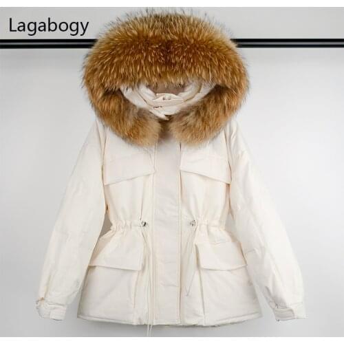 Lagabogy 2021 Big Real Raccoon Fur Women Winter Jacket Hooded Thick Warm Snow Parka Female 90%White Duck Down Coat Loose Outwear