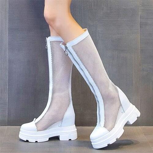 Increasing Height Sandals Women Cow Leather Platform Wedge Knee High Boots High Heels Party Pumps Shoe 34 35 36 37 38 39
