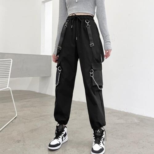 Womens Cargo Pants Buckle Chain Ribbon Pockets High Waist Elastic Harajuku Cropped Trousers Jogger Biker Removable Strap