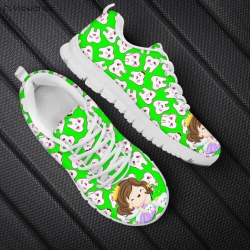 ELVISWORDS Women Dentist Cartoon Teeth Printing Shoes Lace Up Flats Sneaker Gradient Design Mesh Girls Nurse Footwear Zapatillas