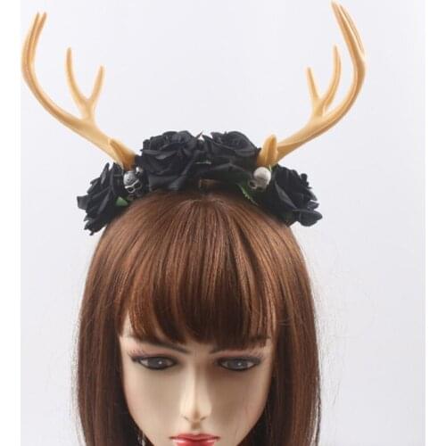 Women Antler Headdress Deer Horn Flower Skull Headband for Halloween Party Christmas Creative Gothic Hair Accessories