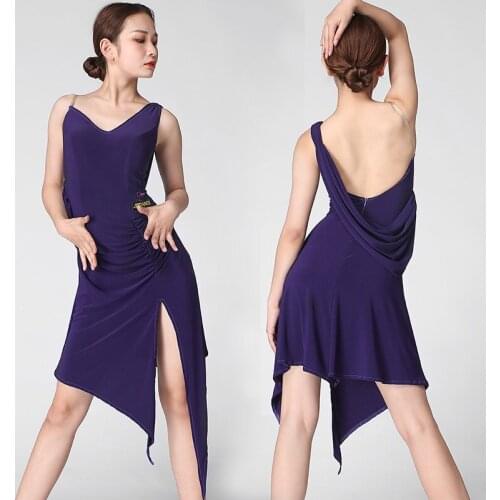 Latin Dance Dress Women Female Adult Navy Blue Sexy Backless Dresses Tango Salsa Cha Cha Samba Rumba Stage Show Wear DNV13696