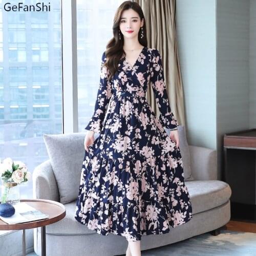 Womens Summer Autumn Vintage Floral V-Neck Chiffon Long Sleeve Dress Fashion Casual Elegant Lady Dresses Sundress