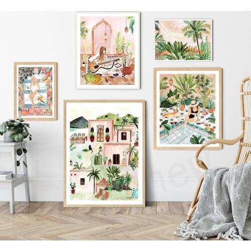 Bohemian Style Canvas Painting Girl Playing Guitar Posters Green Tropical Plants Wall Art Animal Pictures Door Prints Home Decor