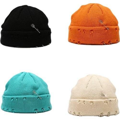 2021 Winter Hats for Women Knitted Beanie Caps for Men with Pins O-Ring Street Hip Hop Bonnet Solid Color Beanie шапка мужская