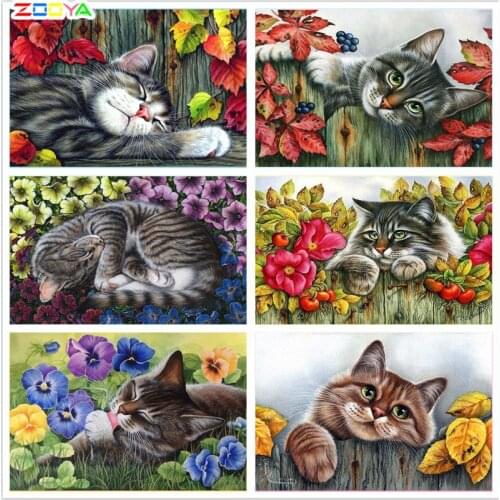 ZOOYA 5D DIY Diamond Embroidery Cat Sleep & Flower 3d Cross Stitch Embroidery Sets Diamond Mosaic Flower Picture Home Decor F640